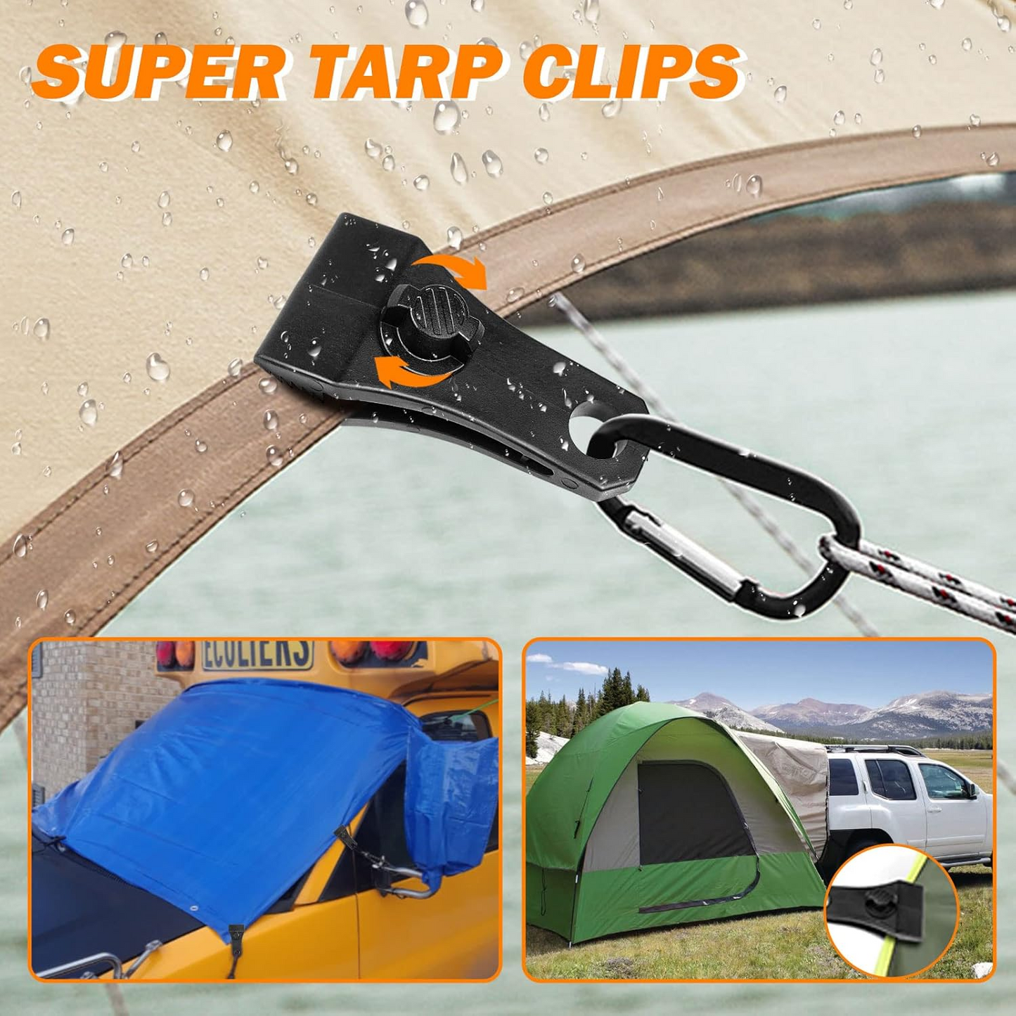 Apaspoil Upgrade Large Tarp Clips Heavy Duty Lock Grip -Total 24 PCs Tarp Clamps Thumb Screw Tent Fasteners Clips with Carabiner for Camping Awnings Caravan Canopies Car Truck Swimming Pool Boat Cover Clips