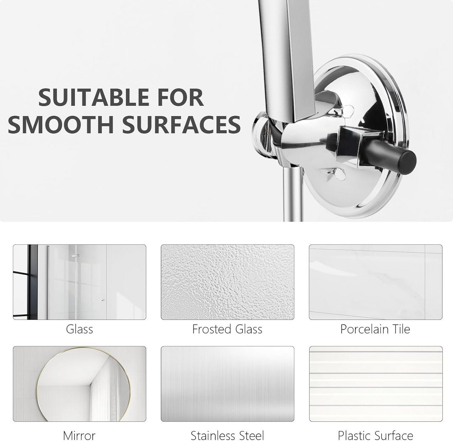 Apaspoil Adjustable Shower Head Holder, Vacuum Suction Cup Handheld Showerhead Bracket with Suction Warning Design, Removable Wall Mounted Suction Bracket for Marble Glass Metal Ceramic (Silver)