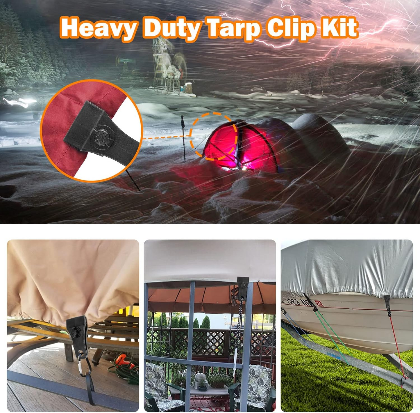 Apaspoil Upgrade Large Tarp Clips Heavy Duty Lock Grip -Total 24 PCs Tarp Clamps Thumb Screw Tent Fasteners Clips with Carabiner for Camping Awnings Caravan Canopies Car Truck Swimming Pool Boat Cover Clips