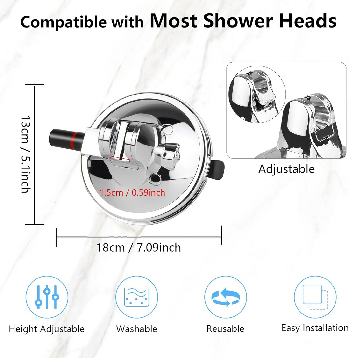 Apaspoil Adjustable Shower Head Holder, Vacuum Suction Cup Handheld Showerhead Bracket with Suction Warning Design, Removable Wall Mounted Suction Bracket for Marble Glass Metal Ceramic (Silver)