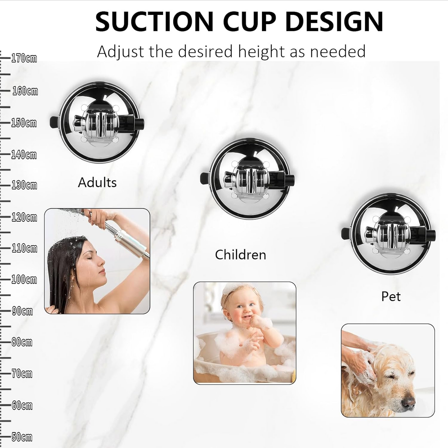 Apaspoil Adjustable Shower Head Holder, Vacuum Suction Cup Handheld Showerhead Bracket with Suction Warning Design, Removable Wall Mounted Suction Bracket for Marble Glass Metal Ceramic (Silver)